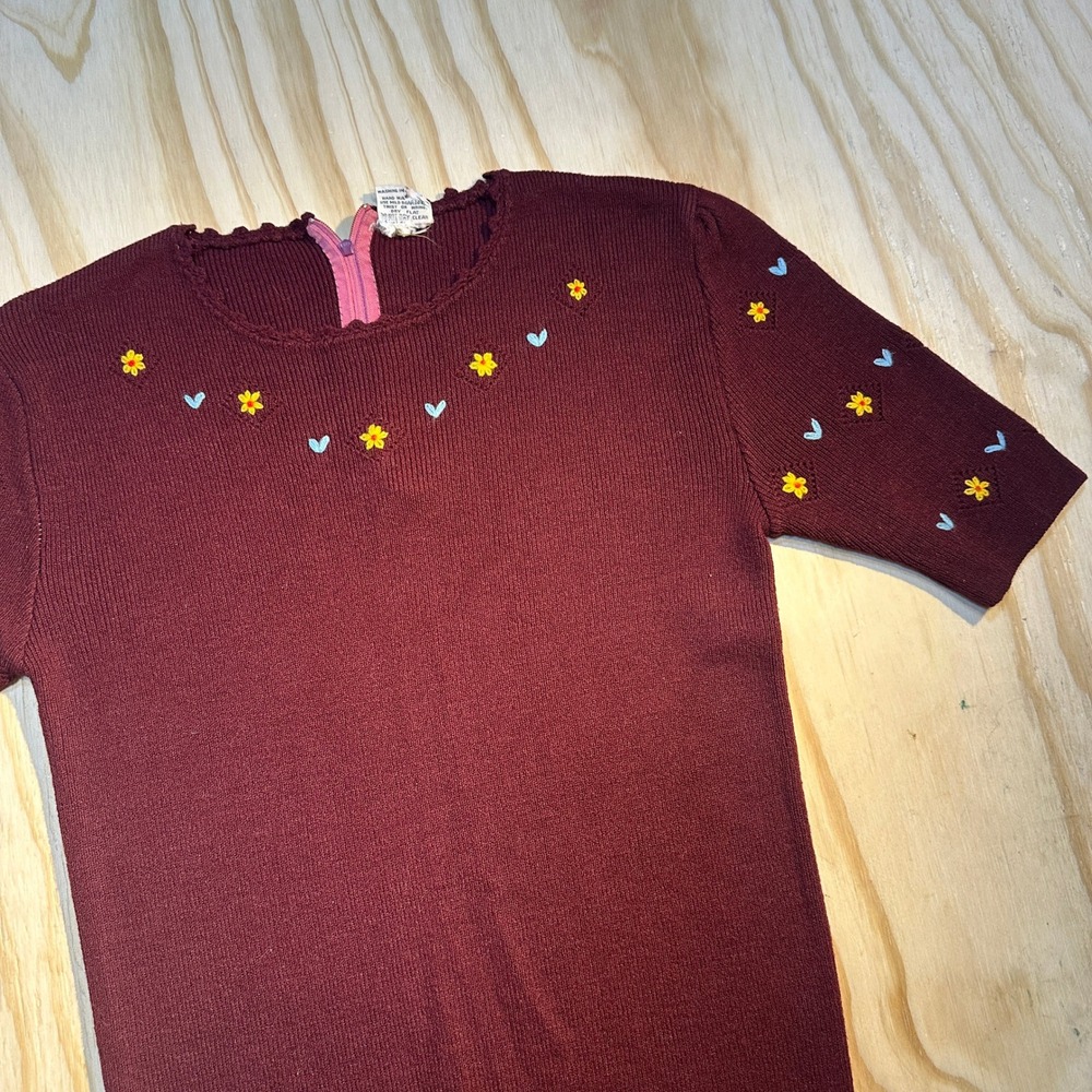 Vintage Joyce Lane Burgundy Floral Embroidered Short Sleeve Sweater Size 40 S